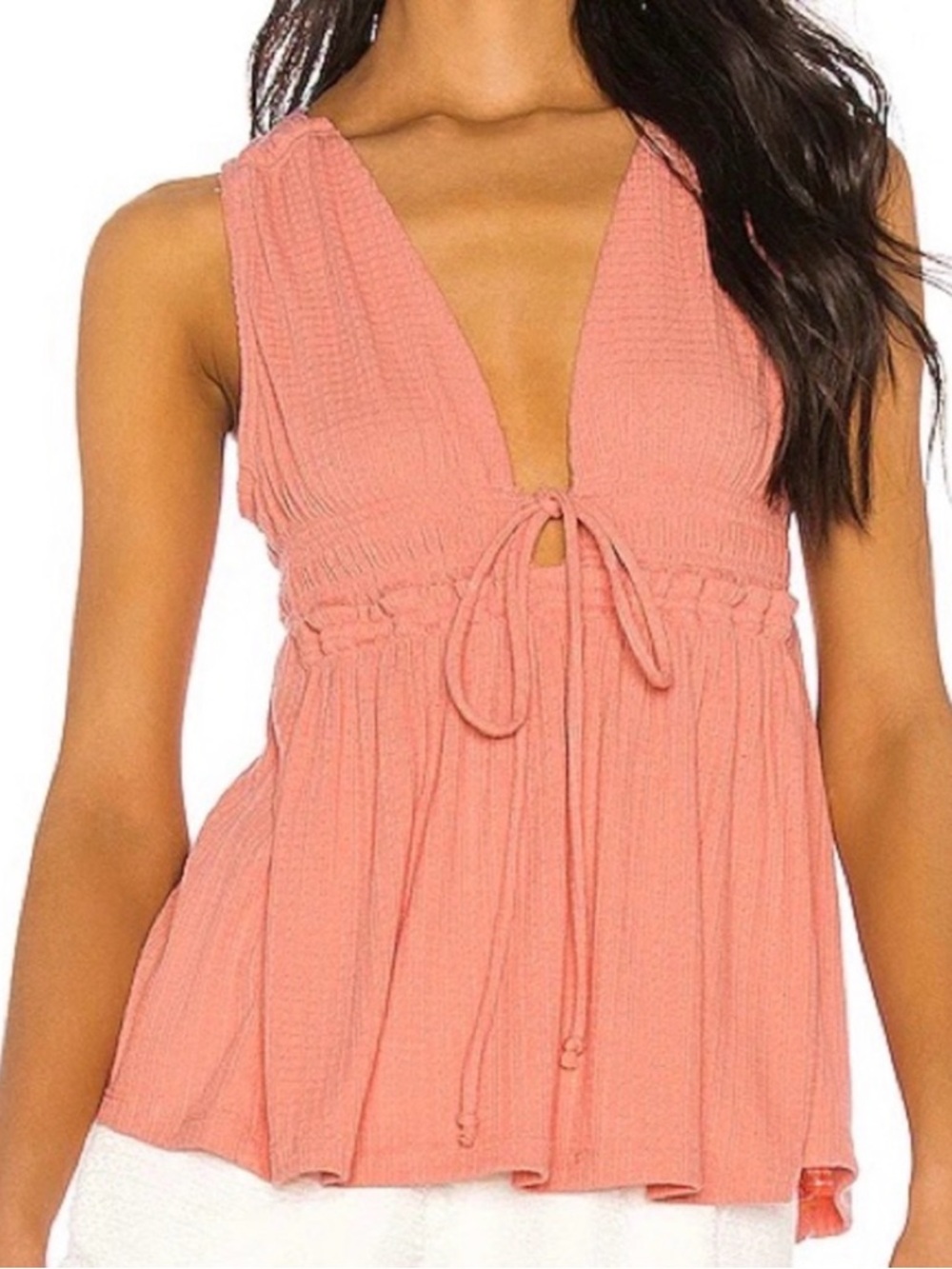 Free People Feminine/soft Coral Sleeveless Tie-Front Tank Top size LG